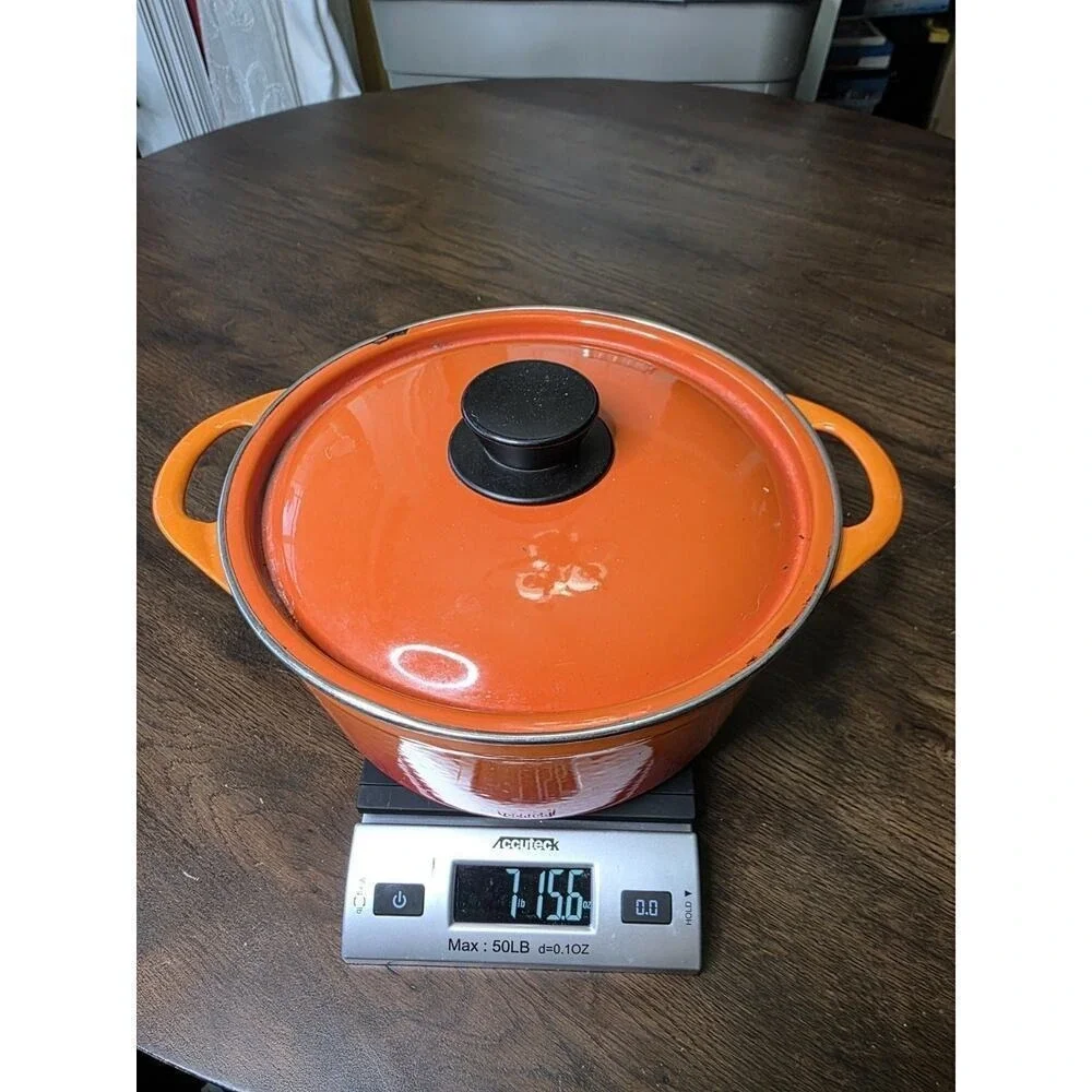 Vintage Cousances #16 Enameled Cast‎ Iron Sauce Pan Pot Orange Made In France
